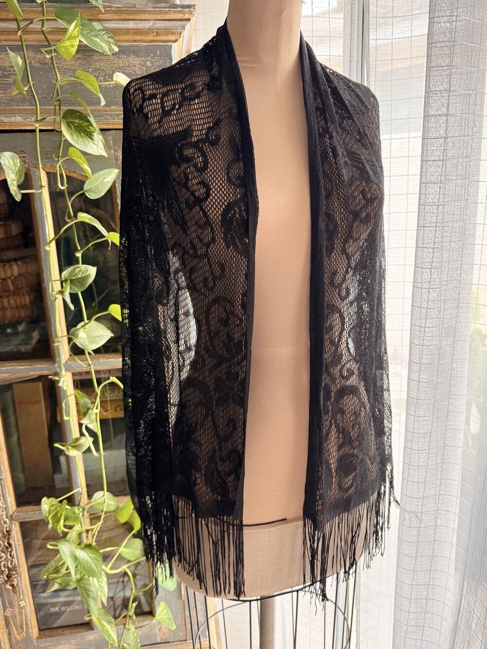 Black Floral Lace Wrap Scarf Shawl with Tassels Multifunctional Gothic